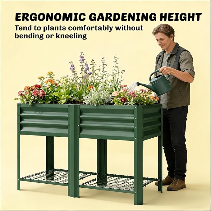 Elevated Outdoor Raised Garden Bed with Legs - 39.6-Gallon Galvanized Steel Planter Box for Patio Herbs Vegetables &amp Flowers - Ergonomic Height 33lb Storage Shelf (Green)