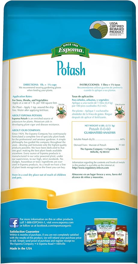 Espoma Potash 0-0-60 Potassium Fertilizer. Use for All Plants requiring Potash Supplement Including Trees Shrubs Vegetables and Flowers. Granular for Easy Application. 6 lb. Bag
