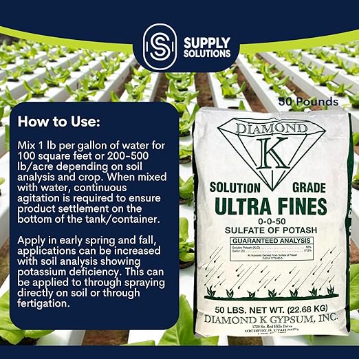 Supply Solutions Sulfate of Potash 0-0-50 Plant Fertilizer- Potassium Fertilizer for Indoor Plants Food Outdoor Flowers Gardens Fruit Lawn - Potassium Plant Food with Nutrients (50 Pounds)