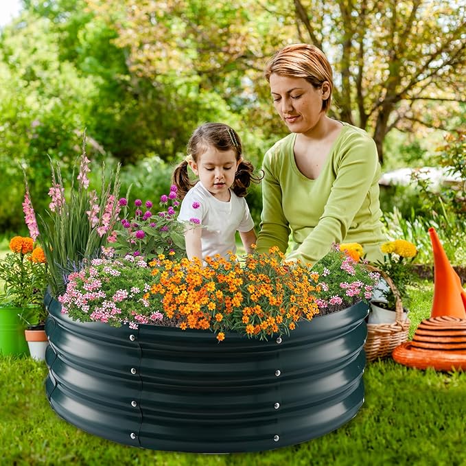 Galvanized Raised Garden Beds for Gardening - 2.7x2.7x1ft Round Metal Planter Boxes Above Ground Outdoor for VegetablesFlowersHerbs Garden Container Green