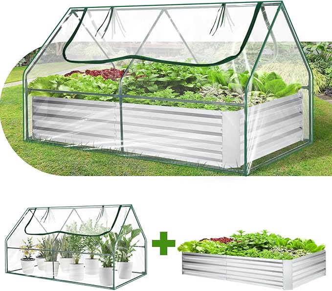 6x3x3ft Galvanized Raised Garden Bed with Cover Extra-Thick Metal Planter Box Kit w/ 2 Roll-Up Large Screen Windows Mini Greenhouse &amp1 Pair of Gloves for Growing Vegetables Fruits Flower Clear