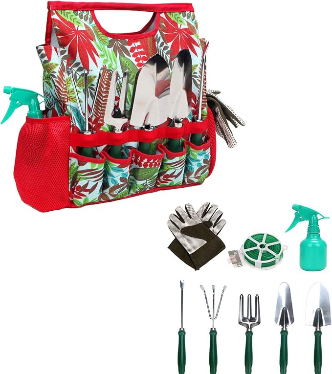 9-piece Garden Tools Set with Gloves and Floral Tote Bag - Gardening Hand Tools Kit with Storage Bag Gifts for Women
