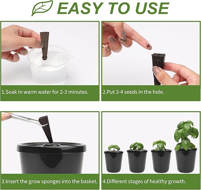 Kratky Method Hydroponic Planter Kit 8 Hydroponic Planter Plus 24 Growing Sponges for Herbs Hydroponic Mini Buckets for Windowsill Herb Garden Hydroponic Growing System for Vegetables (Black)
