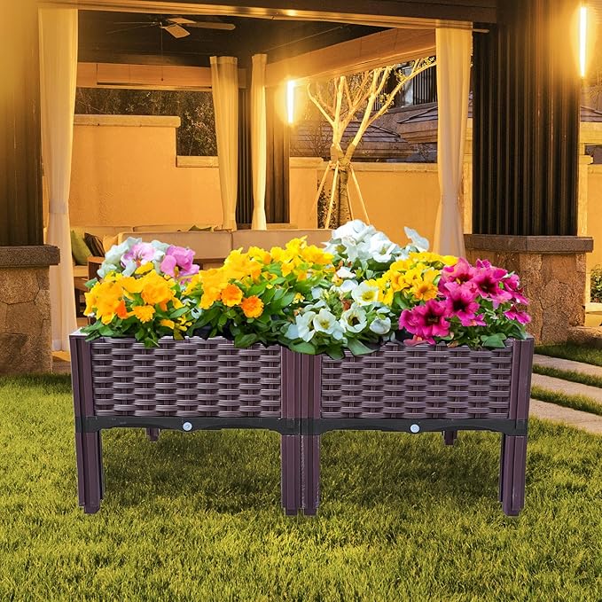 Plastic Raised Garden Bed Set of 2 Planter Grow Boxes 14.5 H with Legs Garden Growing Beds for Indoor &amp Outdoor Vegetable Fruit Flower Herb