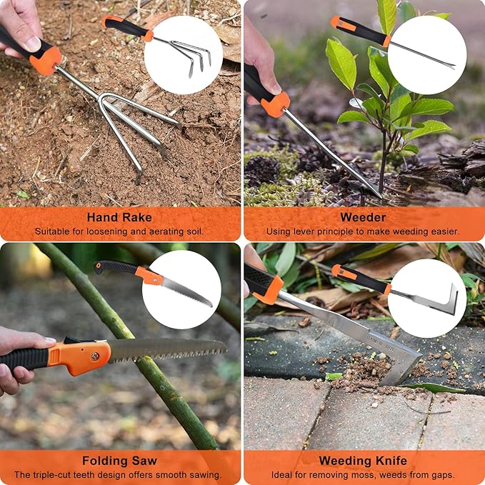 Garden Tools Set Carsolt 10 Piece Stainless Steel Heavy Duty Gardening Tools Set for Planting Pruning Gardening Kit with Durable Gardening Bag Gloves Gift Box Ideal Garden Gifts for Women Men(Orange)