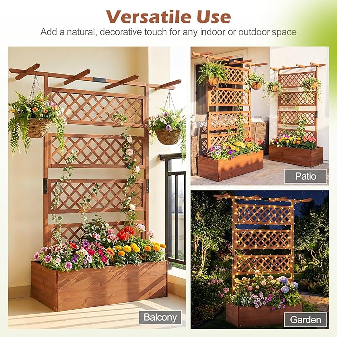 Giantex Raised Garden Bed with Trellis 72'' Wooden Planter Box Outdoor w/Privacy Screen Roof Large Vertical Garden Planter w/Drainage Holes for Climbing Plants Patio Balcony Backyard
