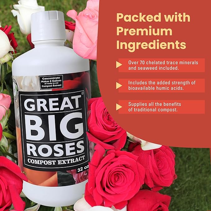 Great Big Roses – Soil and Rose Fertilizer Booster to Grow The Best Roses and Flowers Rose Food Compost Extract for Rose Bush 32 Ounce Concentrate (Makes 8 Gallons)