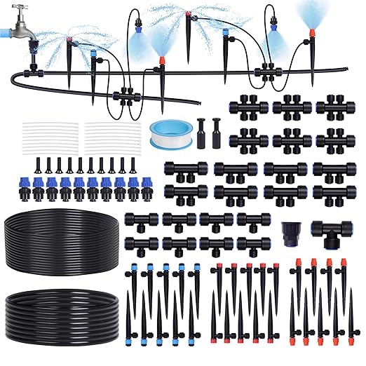 230FT Garden Irrigation System with 40 Nozzles &amp Emitters Automatic Watering System with 1/2 &amp 1/4 Tube and Barbed Fittings Garden Sprinkler for Raised Beds Greenhouse Lawn