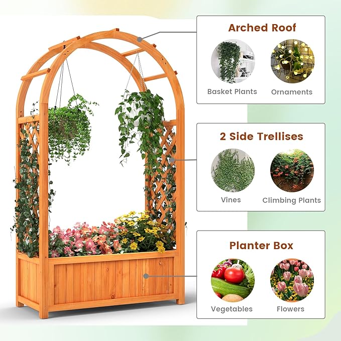 Giantex Set of 2 Raised Garden Bed with Arch Trellis for Climbing Vine Flower Vegetable Wood Planter Box with Liner &amp Drainage Design Outdoor Plant Container for Yard Balcony (33x14x58)