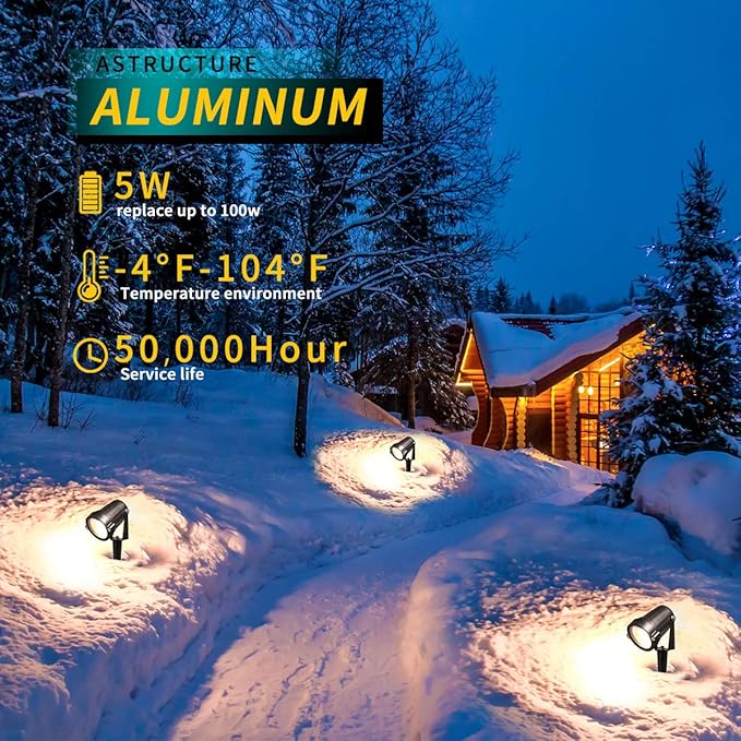 LED Landscape Lights5W 120V AC Outdoor Pathway Garden Yard SpotlightIP65 Waterproof Garden Flood LightOutdoor Spotlight with StakeUL Cord 5-ft with Plug (Pack of 2 Daylight White)