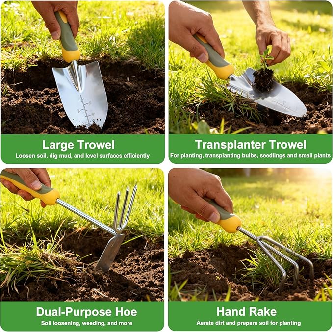 Yesker Gardening Tools 9-Piece Heavy Duty Garden Tool Set Gardening Supplies Gifts for Women Men Gardening Hand Tool Kit w Non-Slip Ergonomic Rubber Handle Durable Garden Bag Pruning Shears Green