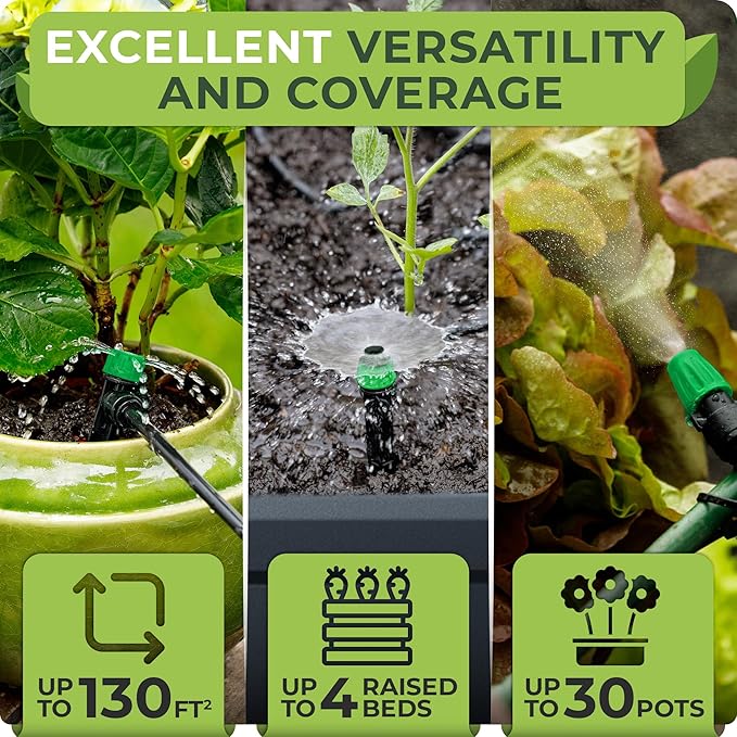 CARPATHEN Drip Irrigation System - Adjustable Quick Connect Irrigation System for Gardens up to 131ft Raised Beds - Complete Garden Watering System - 1/4 Emitters 1/2 and 1/4 Tubing and Connectors