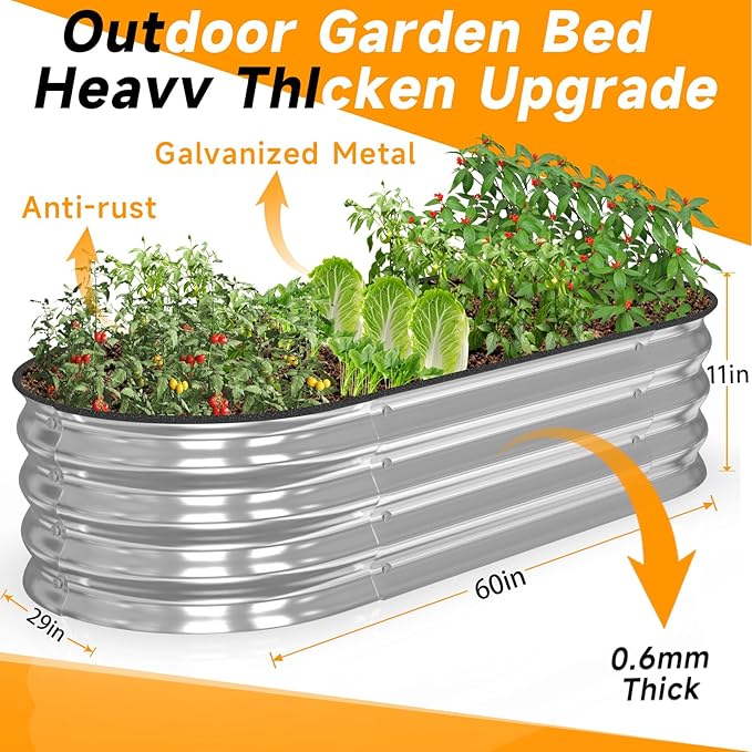 Galvanized Raised Garden Bed Outdoor // 5×2.4×0.9ft Oval Garden Bed for Gardening Vegetables Flowers // Sturdy Metal Planter Box Silver 0.6mm Thickness // Durable and Easy to Install