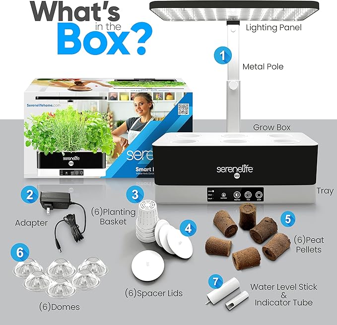 SereneLife Smart Starter Kit-Hydroponic Herb Garden Indoor Plant System w/Height Adjustable LED Grow Lights 6 pods 3 Modes-Home Kitchen Bedroom Office SLGLF130 (Black)