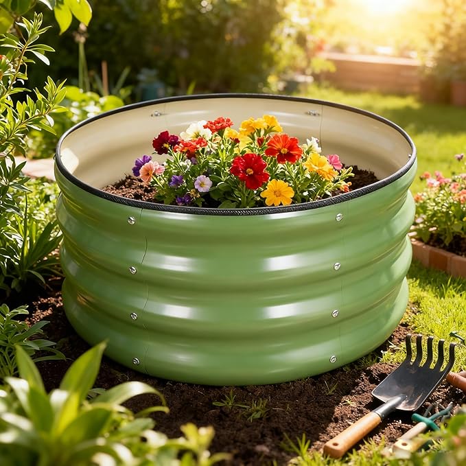 Round Galvanized Raised Garden Bed 4x4x1Ft-Outdoor Metal Circle Raised Garden BedRound Galvanized Planter for Patio Yard and Gardening
