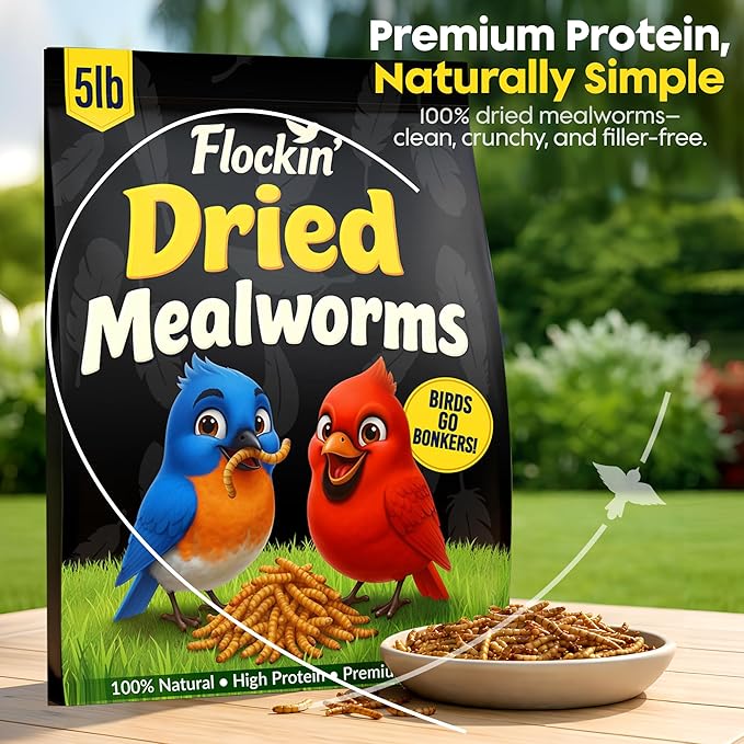 Dried Mealworms for Wild Birds - Crunchy Meal Worms for Wild Birds - High Protein Dried Mealworms for Bluebirds Cardinals &amp Woodpeckers - Premium Backyard Bird Treat - All Natural Bird Food (5lbs