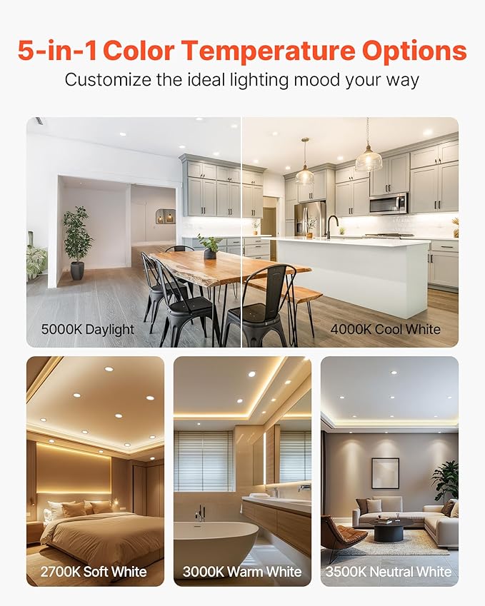 VEVOR 10 Pack LED Recessed Lighting 4 Inches Retrofit Can Lights 750 LM 9W 120V Selectable 5CCT 2700K/3000K/3500K/4000K/5000K 10% to 100% Dimmable Compatible with E26 Base and TP24 Connector
