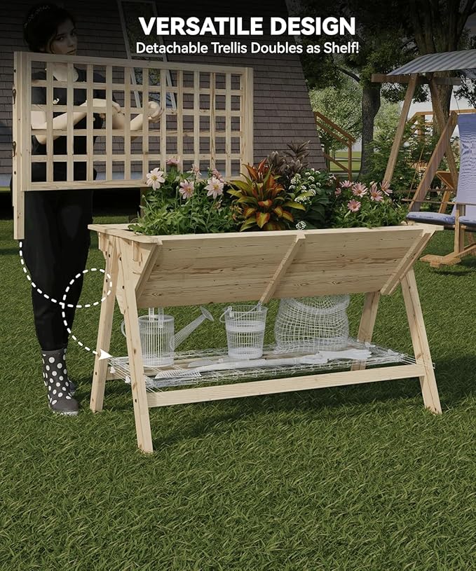 Raised Garden Bed with Legs - 52x30x54in Wooden Elevated Raised Garden Beds Raised Planter Box with Vine Climbing Outdoor Standing Growing Bed for Growing Vegetables Flowers Herbs