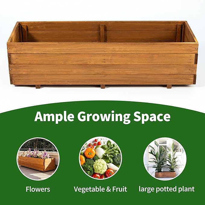 Wooden Planter Box 47.24 x 15.75 x 12.6 – Fir Wood Raised Garden Bed for Vegetables Herbs &amp Flowers Includes Fabric Planter Liner 4 Drainage Holes Water-Based Finish