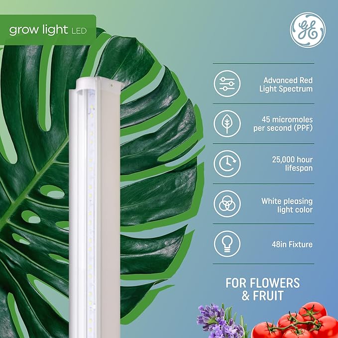 GE Grow Light for Indoor Plants Indoor Plant LED Light Bulb Fixture for Flowers and Fruit with Advanced Red Light Spectrum 25000 Hours Lifespan 45 PPF 48 Inches (1 Pack)