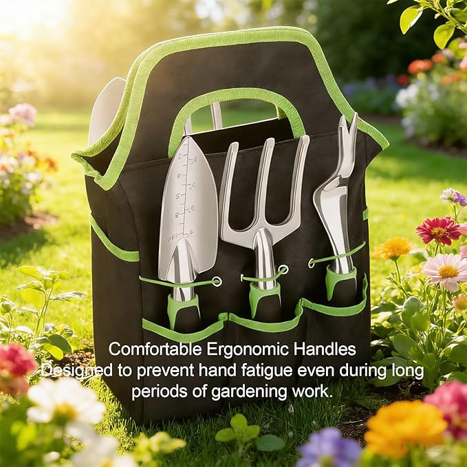 Fockety Gardening Tools Set 8 Piece Heavy Duty Magnesium Aluminum Alloy Garden Tools Set with Ergonomic Handles and Tote Bag for Men and Women