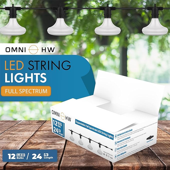 OmniHW 24 ft Full Spectrum LED Grow String Light- 12 Bulbs with 2ft Spacing for Plants Veg Flowers &amp Seedling in Greenhouse Indoor &amp Outdoor- 120 Hi- Efficacy Large Lightning Area&amp Waterpr
