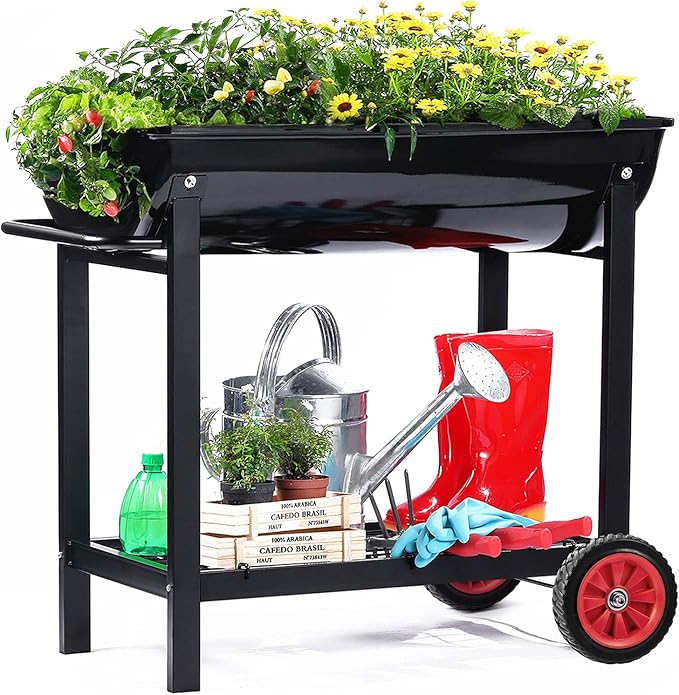 Aveyas Metal Raised Planter Box on Wheels with Gardening Kit Elevated Mobile Garden Bed Cart with Legs -Compatible with Indoor &amp Outdoor Patio Backyard Planting of Vegetables Herbs Flowers
