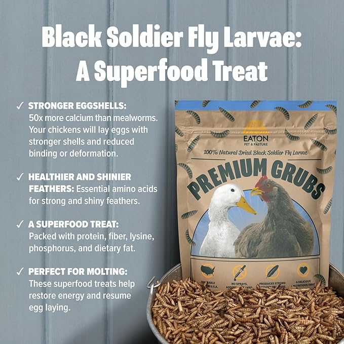 Eaton Pet and Pasture Premium Grubs USA Grown Dried Black Soldier Fly Larvae High Calcium Treat for Chickens Ducks Wild Birds (1 LB) (Pack of 2)