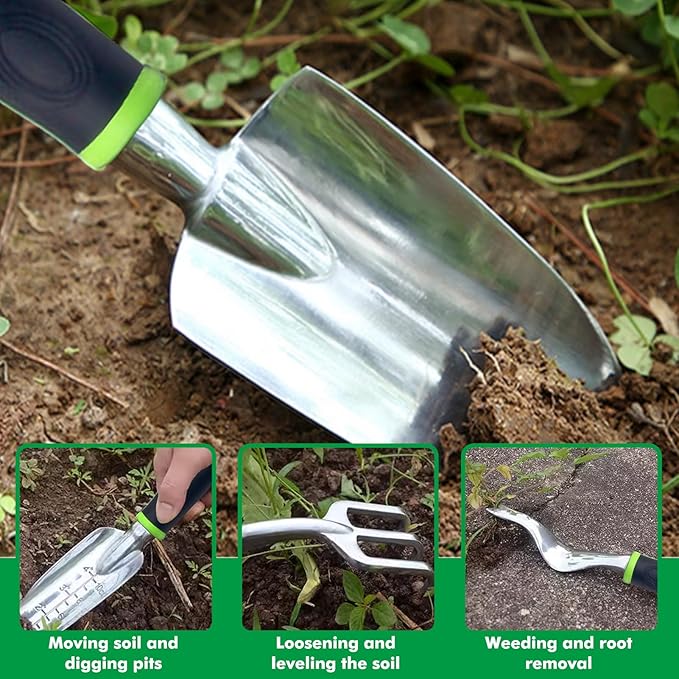 Garden Tool Set with Tote Bag 9-Piece Aluminum Hand Tools Including Pruning Shears Spade Rake &amp Gloves for Digging Weeding &amp Transplanting
