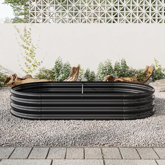 Outdoor Raised Garden Bed for Plants Vegetables and Flowers Oval Large Metal Raised Bed Kit Durable Galvanized Planter Boxes for Garden Backyard Easy Assembly (Black 70.86 x 35.43 x 11.42 in)