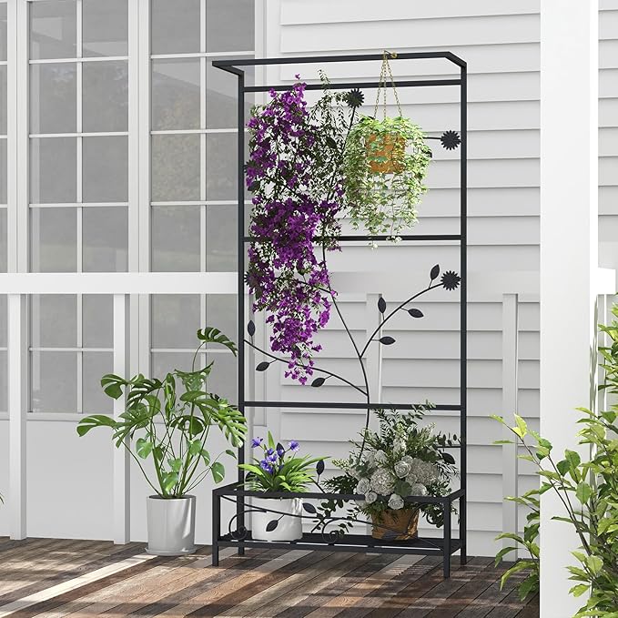 Metal Planter Stand with Trellis - Raised Planter Box Hanging Planters Outdoor Elevated Garden Bed for Vegetables Flower Herb