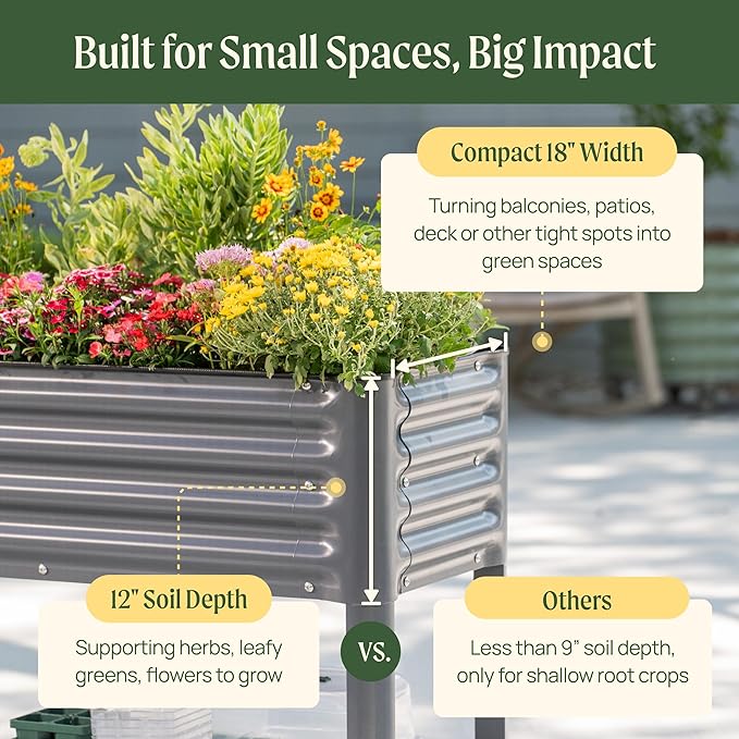 Rolling Elevated Raised Garden Bed - Slim Series 1.5' x 3.5' Outdoor Planters Boxes with Legs &amp Storage Rack for Patio 500 Lbs Weight Capacity Raised Beds for Gardening Herbs Flowers Pearl Whi
