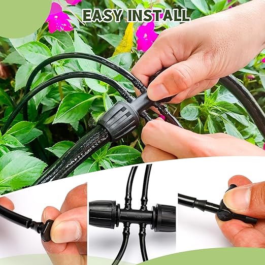 100FT 1/4 Inch Drip Irrigation kit Tubing Distribution Hose Tube for Garden Drip Irrigation System (Includes 2 Pack 6-Way Connector and 20pcs 1/4 Tee Splitters and End Plugs)