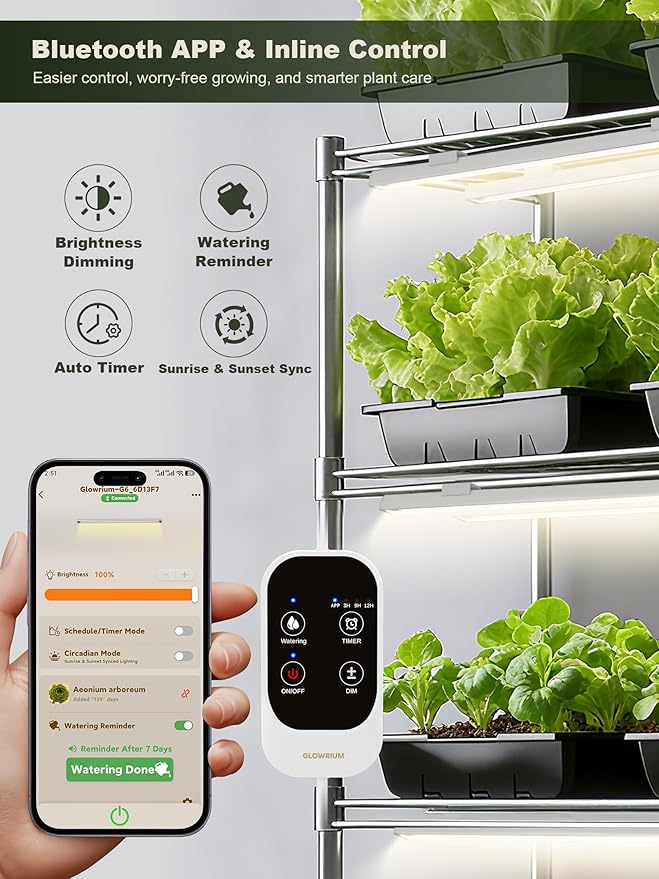 GLOWRIUM Smart Grow Lights for Indoor Plants with APP Full Spectrum Grow Lights for Seed Starting G6 Plant Light Strip with auto Timer 3 Angle dimming Levels for Plant Shelf 6-Pack (White 48W)