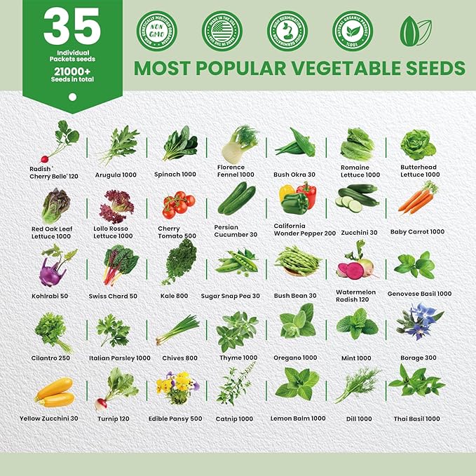 35 Heirloom Seeds Variety Pack - 21000+ Non-GMO Seeds for Planting Vegetables and Fruits Home Garden Seeds for Hydroponic Indoor and Outdoor Unique Garden Starter Set Gift for Mother Women...