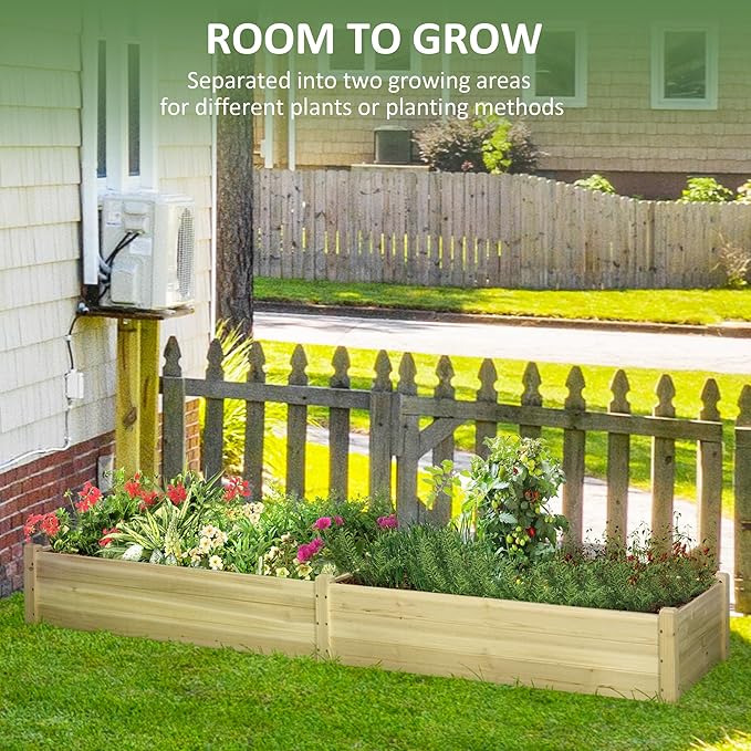 8x2ft Wooden Raised Garden Bed Kit Elevated Planter with 2 Boxes Self Draining Bottom and Liner Patio to Grow Vegetables Herbs and Flowers Natural