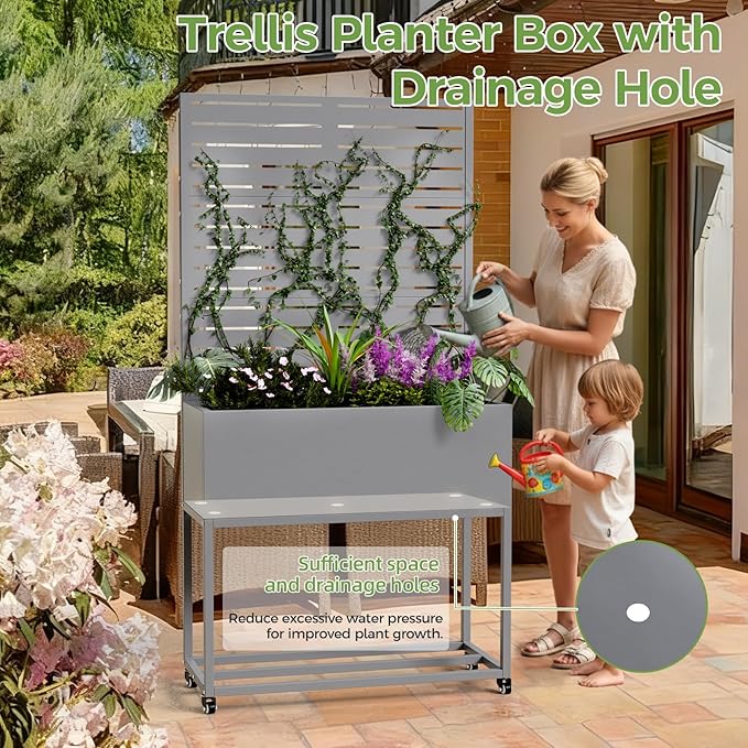 Raised Garden Bed with Trellis Metal Raised Planter Box with Trellis Privacy Planters for Patio Raised Garden Beds Outdoor Standing with Drainage Holes Wheels Grey