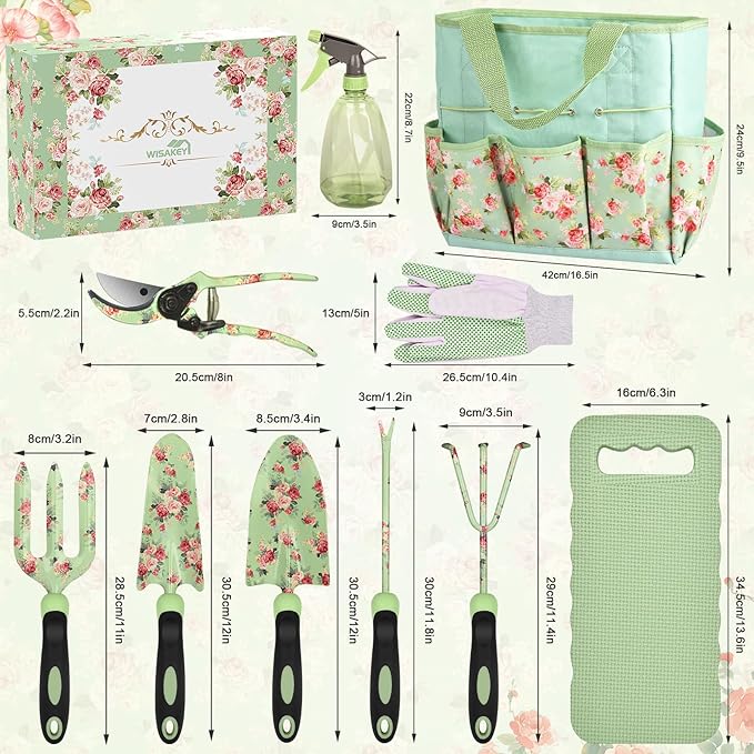 Gardening Tools WisaKey 10 Piece Heavy Duty Garden Tools Set with Handle Durable Fashion Garden Organizer Handbag Ideal Gardening Gifts for Women