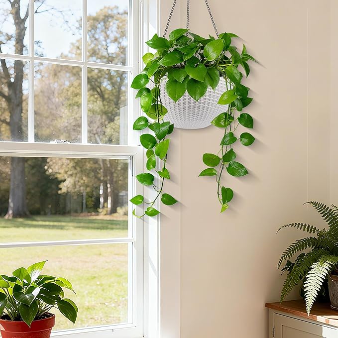 13.4 inch Self Watering Hanging Rattan Planter Large Capacity Root Rot Resistant Water Storage with Water Level Indicator Dual Use for Indoor Balcony Decoration (Pack of 2 White)