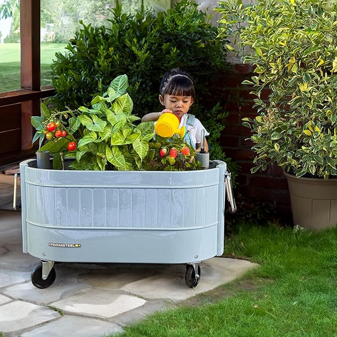 Permasteel Self-Watering Garden Bed Rolling Planter for Vegetables Flowers Herbs and Fruit Outdoor Indoor Caster Wheels Blue