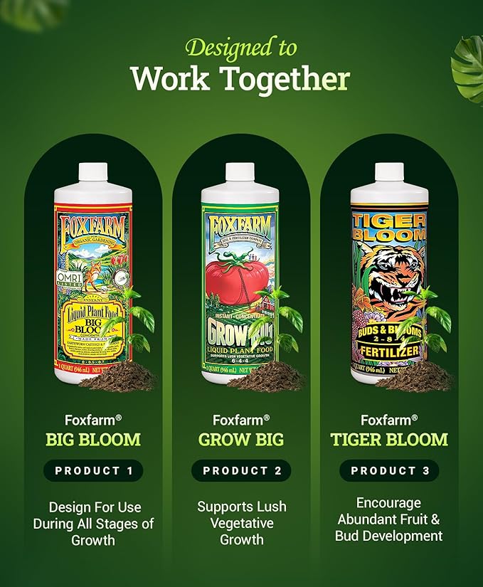 FoxFarm Soil Liquid Trio Pack - Big Bloom Grow Big Tiger Bloom Fertilizers for Vigorous Plant Growth Bud Development &amp Abundant Fruit - Complete Liquid Plant Food Set - 3 Quart Bottles