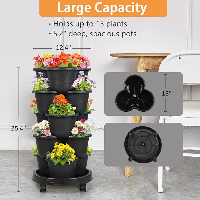 VECELO 5 Tier Vertical Garden Planter Self Watering Stackable Planters with Wheels for Strawberries Herbs Flowers Vegetables Black