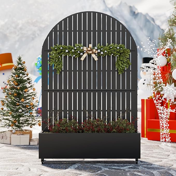 Casaphoria Metal Raised Garden Bed with Trellis and Wheels 72x47x16 Arched Planter Box for Climbing Plants Vegetables &amp Vines Features Drainage Holes and Privacy Screen (Black-Fence)