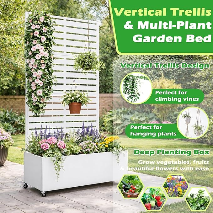 Metal Planter Box with Trellis 43” L x 16” W x 71” H Raised Garden Bed with Wheels Privacy Planters for Patio Metal Planter Box with Drainage Holes White