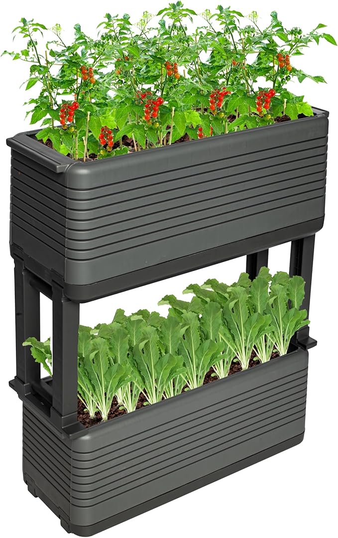 NuVue Modular Garden Planter 2-Pack Set - Innovative Planter Boxes for Indoor and Outdoor Gardening with Configurable Tiered Design Easy Install Gray/Gray Set of 2