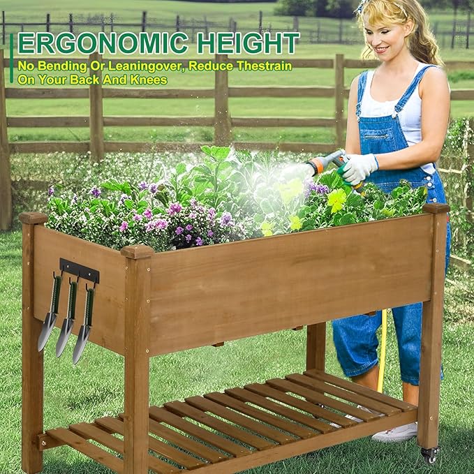 Raised Garden Bed with Wheel 48x24x30in Elevated Wood Planter Box Can Grow Vegetables Flowers and Herbs Suitable for Backyard Patio Balcony Terrace Veranda （Brown）