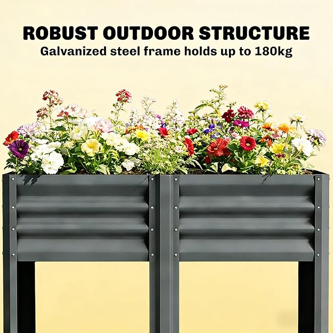 Elevated Outdoor Raised Garden Bed with Legs - 39.6-Gallon Galvanized Steel Planter Box for Patio Herbs Vegetables &amp Flowers - Ergonomic Height 33lb Storage Shelf (Dark Gray)