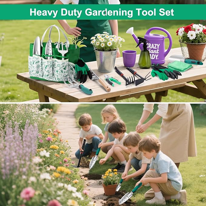 Garden Tool Set for Women 12pcs Heavy Duty Gardening Tools Cute Gardening Supplies Gifts for Women Mom Garden Hand Tools with Fashion Organizer Handbag Garden Tools for Gardening Planting Green