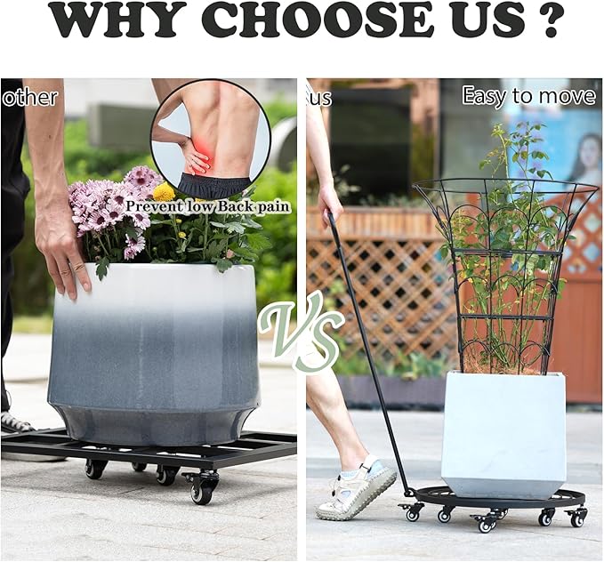 16 Heavy Duty Plant Dolly with Wheels Rolling Planter Base for Indoor/Outdoor Use | Patented Detachable Handle 360° Rotating Polyurethane Wheels Max Load 200 lbs for Large Pots &amp Planters