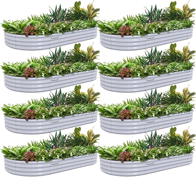 8 Pack 6x3x1FT Galvanized Raised Garden Bed Kit Oval Metal Ground Planter Box Outdoor Bottomless Planter Raised Beds for Vegetables Flowers Herbs Fruits Gray